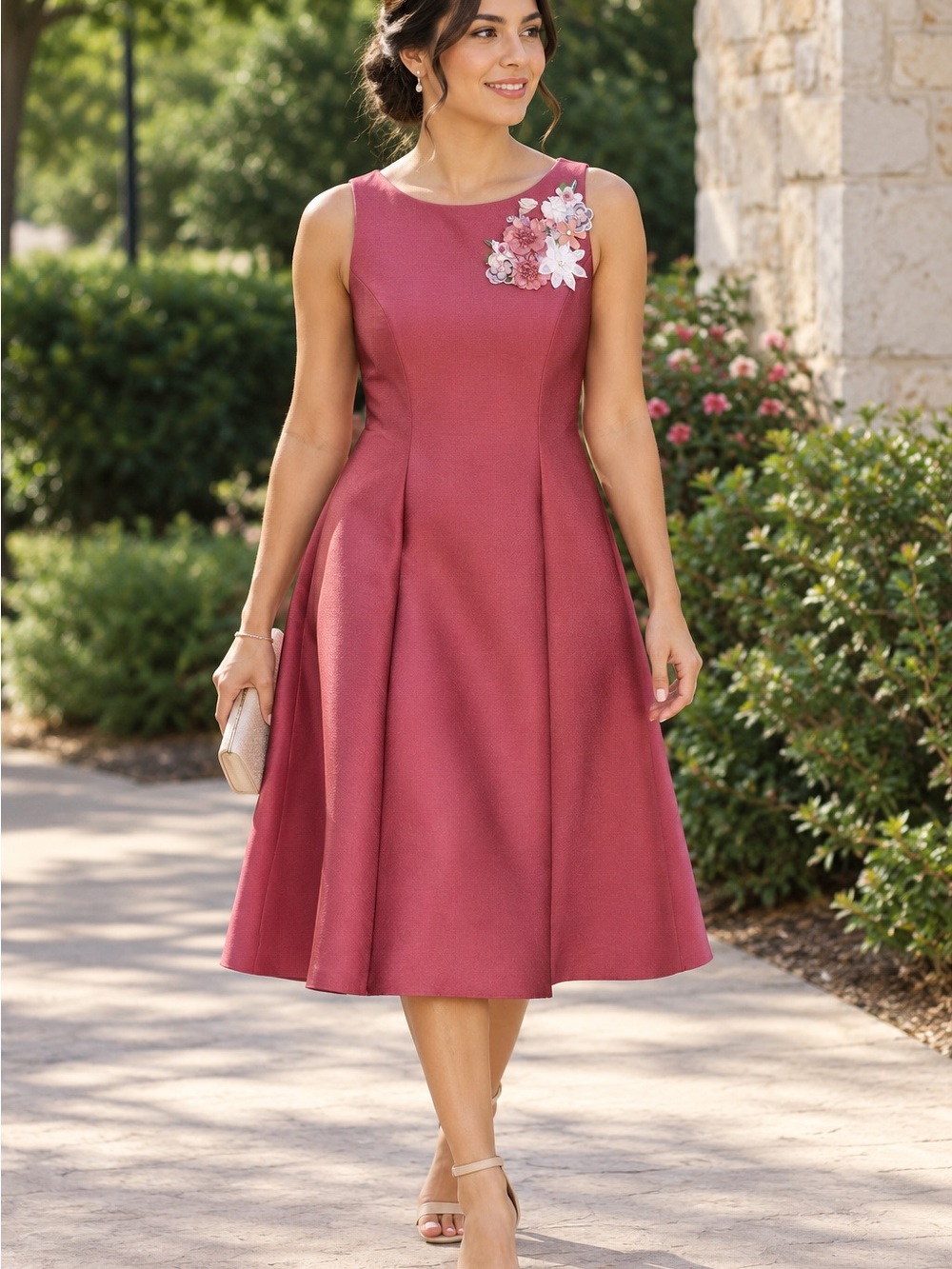 Elegant Sleeveless A-Line Dress in Dusty Rose with Floral Applique